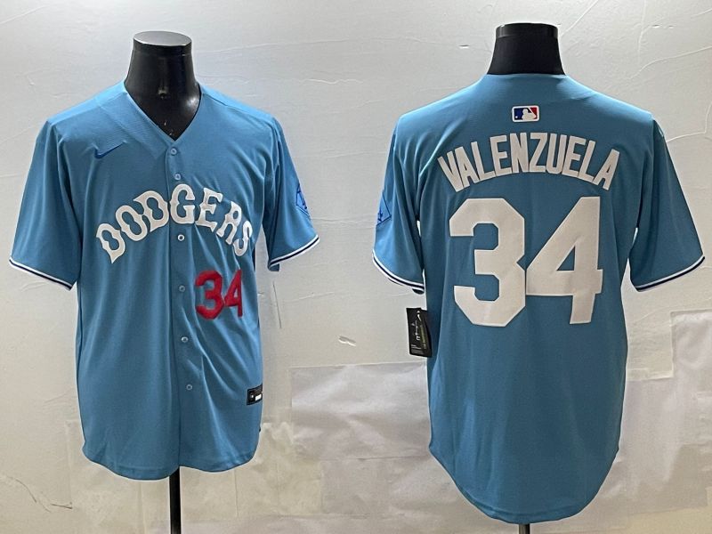 Men Los Angeles Dodgers #34 Valenzuela Light Blue Joint Name 2025 Nike MLB Jersey style 31610